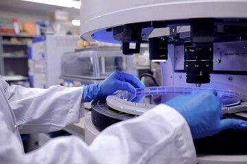 Lab technician using a spectrophotometer to measure absorbance meticulous data exploration of spectrophotometric analysis