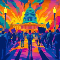 flat illustration vector, portrait of protesting in front of a government building city street, with protest signs,