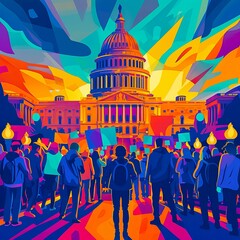 flat illustration vector, portrait of protesting in front of a government building city street, with protest signs,