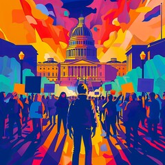 flat illustration vector, portrait of protesting in front of a government building city street, with protest signs,