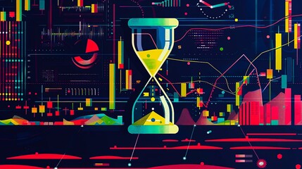 flat illustration, a sand timer, in the background financial charts and stock market analytics, vector 