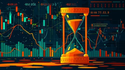 flat illustration, a sand timer, in the background financial charts and stock market analytics, vector 