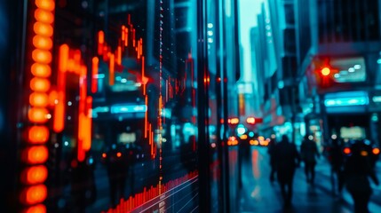 Wall Street, A stock market chart with red and orange lines going down, background is a city street at night, blurry people walking in the foreground,