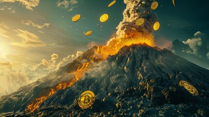 Bitcoins shooting out of a volcano, crypto currency, geothermal energy, crypto mining