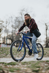 Fototapeta premium A stylish bearded man in casual attire rides a blue bicycle in a serene park setting, showcasing a relaxed, eco-friendly lifestyle.
