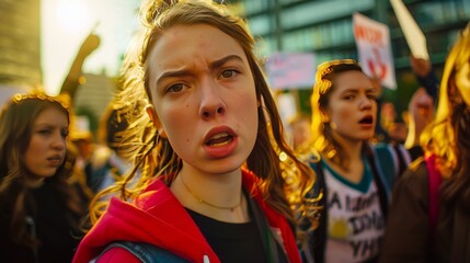 Fototapeta premium portrait photo of a of white woman protesting, diverse group protesting, passionate expressions and anger and hopelessness, social justice