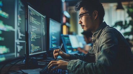 Modern software engineer ensuring quality control. Unit testing concept
