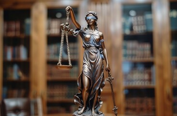 Blindfolded Lady Justice Statue Holding Scales of Justice in Front of Bookshelves