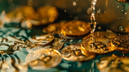 stream of water is pouring down from fountain on bitcoin coins, crypto currency 