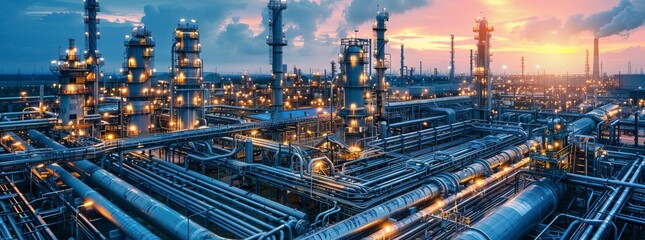 Fototapeta premium Industrial Refinery Complex At Dusk With Illuminated Pipes