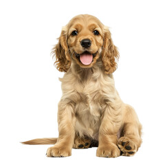 happy golden cocker spaniel puppy sitting full height, white background