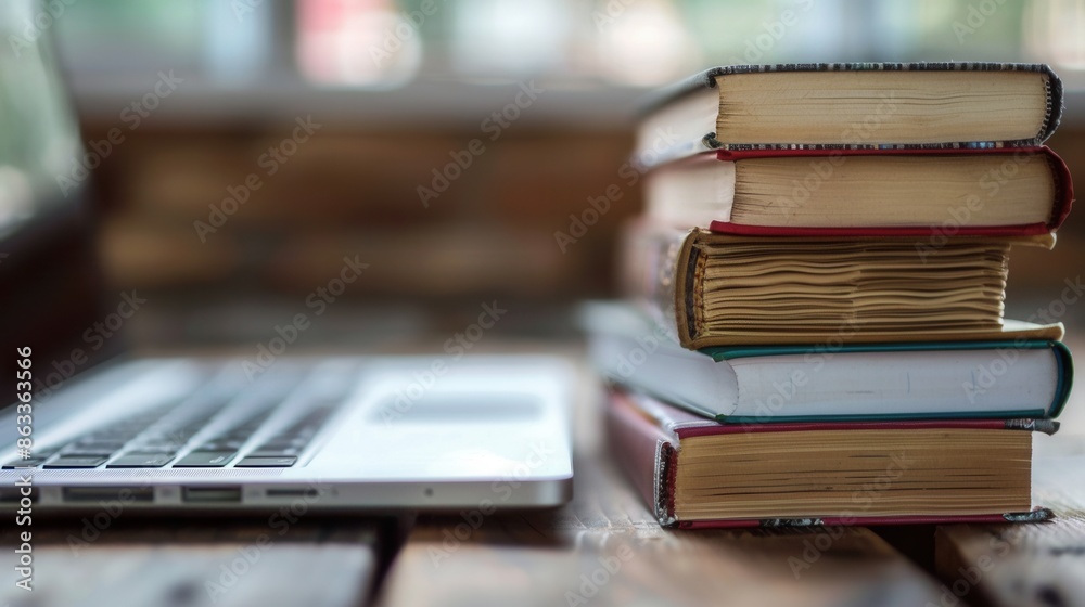 Leinwandbilder A stack of books and a laptop on a wooden table, signifying modern methods of learning. Generative AI