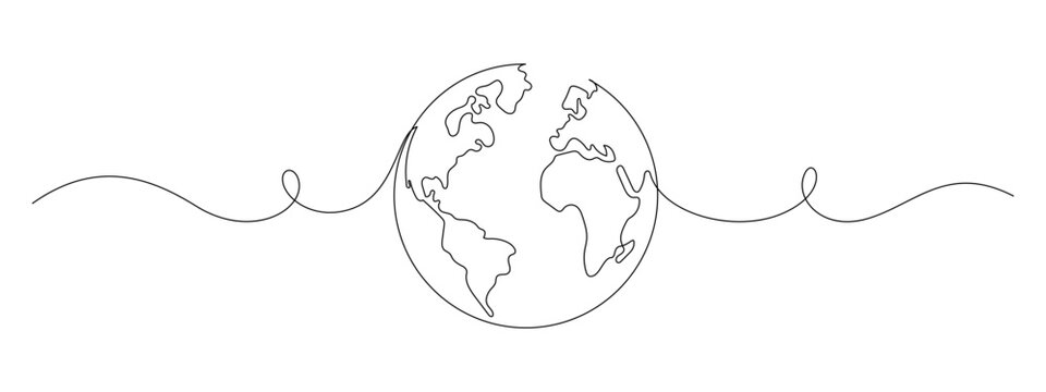 One continuous line drawing of Earth globe. World map and planet symbol in simple linear style. Travel and flight concept in editable stroke. Doodle contour vector illustration