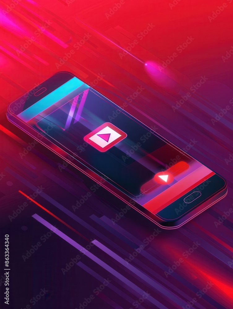 Aufkleber A smartphone with a bright screen displaying a video streaming app with a play button, set against a dynamic neon background. Generative AI