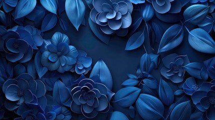 Dark blue beautiful floral background with abstract leaves 3D. Generative AI