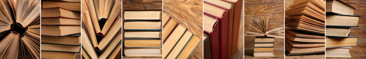Collage of many old books, closeup