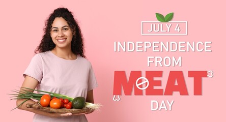 Banner for Independence from Meat Day with young woman holding vegetables
