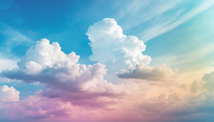 pastel-colored sky with soft, fluffy clouds, creating a calming and peaceful atmosphere. The blue sky blends harmoniously with the pastel hues, evoking a sense of tranquility