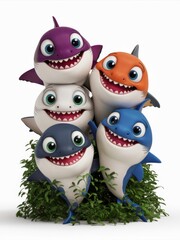 Fototapeta premium A group of five cartoon sharks are sitting on top of a plant, AI