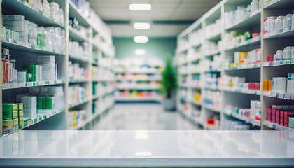 Empty white counter in the foreground with blurred pharmacy drugstore shelves in the background. The image represents a clean and professional retail environment, ready for customer interaction
