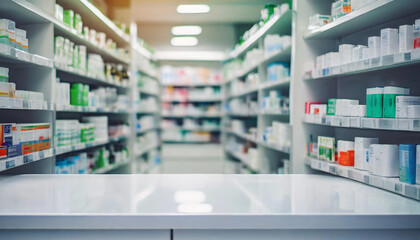 Empty white counter in the foreground with blurred pharmacy drugstore shelves in the background. The image represents a clean and professional retail environment, ready for customer interaction