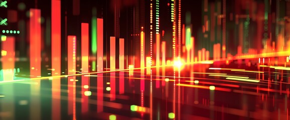 A bar graph illustrating the stock market with green bars for growth and red bars for decline.