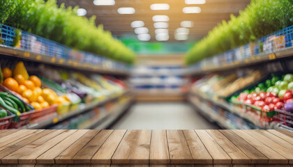 Empty wooden table top with blurred supermarket background, perfect for product display. Highlights the vibrant, busy environment of a store, ideal for showcasing products or advertising promotions