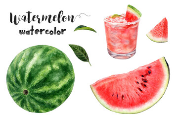 Realistic watercolor painting of a watermelon cocktail in a glass with fresh watermelon slices on a white background. Ideal for summer, culinary, and tropical designs. PNG