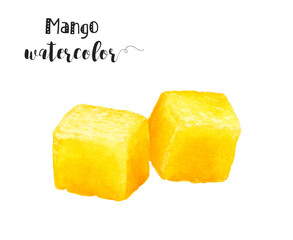 An exquisite watercolor artwork featuring a lively mango two cubes placed on a bright white surface. PNG