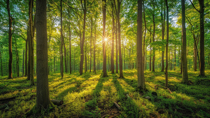 Obraz premium Sunlight peeks through a lush, green forest, casting long shadows and creating a serene, peaceful atmosphere among the tall trees and verdant foliage.