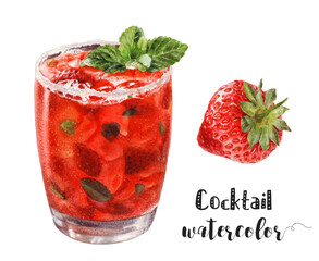 High-quality watercolor illustration of a refreshing strawberry cocktail with mint leaves. Perfect for menus. PNG