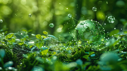 A lush green forest with a digital globe surrounded by interconnected lines and dots symbolizing global connectivity and environmental conservation.