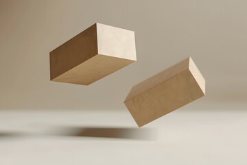 Two minimalist brown boxes floating in mid-air on a beige background. Concept of shipping, delivery, packaging, and minimalist design.