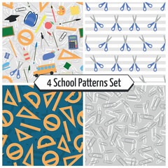 School Patters Set - 4 Patterns of Assorted School Items, Scissors, Ruler Types and Paper Clips on Gray Striped, Accounts and Symbols Backgrounds. Seamless Link.