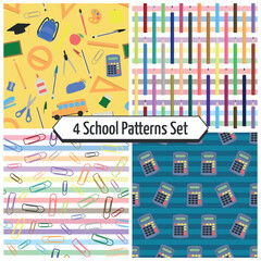 Obraz premium School Patters Set - 4 Patterns of Assorted School Items, Colored Pencils, Paper Clips and Calculators on Yellow, Colorful and Blue Striped Backgrounds. Seamless Link.