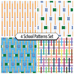 School Patters Set - 4 Patterns of Pencil, Colored Pencils, Eraser and Sharpener on Notebook Paper, Blue and Colorful Striped Backgrounds. Seamless Link.