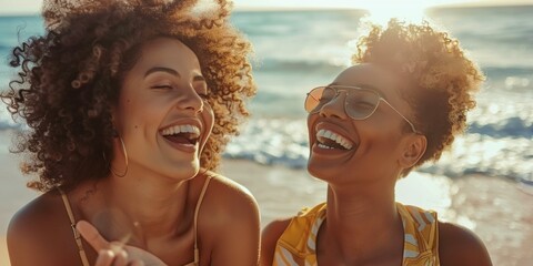 Joyful friends enjoying sunny day on beach, biracial woman in yellow striped dress and Black woman in sunglasses laughing, ocean waves in background. Summer vacation bliss.