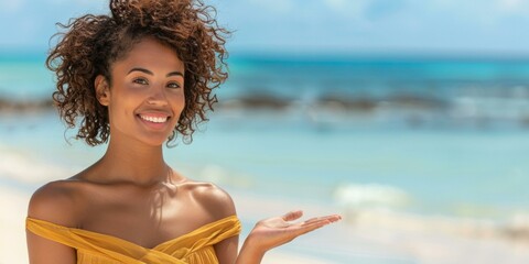 Cheerful woman with curly hair smiling in yellow dress, standing on sunny beach with clear turquoise water in background, enjoying summer vacation.
