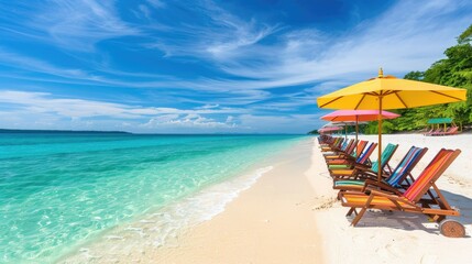 Fototapeta premium A tropical beach with colorful beach chairs and umbrellas lined up in front of crystal-clear water and a cloudless sky