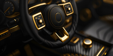 Close-up view of a black leather steering wheel with gold accents and a sleek, modern dashboard in a luxurious car