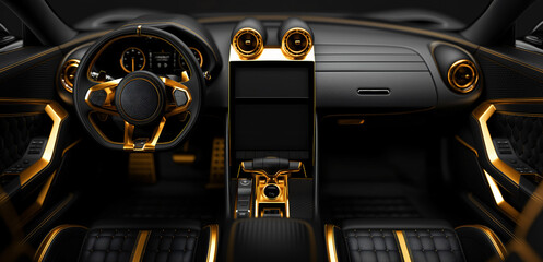 Obraz premium A sleek black car interior adorned with golden accents, showcasing the drivers seat, steering wheel, and dashboard