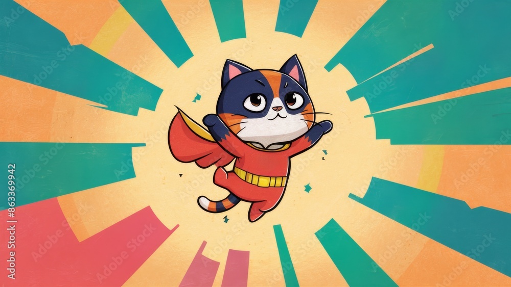 Poster a cartoon cat in a superhero costume flying through colorful rays, ai