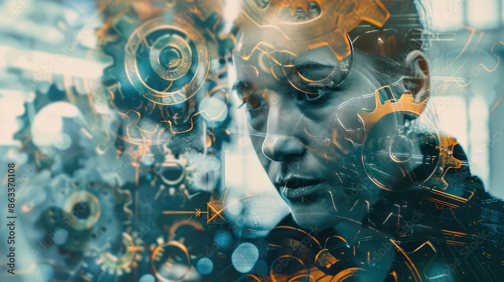 Poster abstract double exposure of gears and cogs overlaying an engineer inspecting a machine part, emphasi