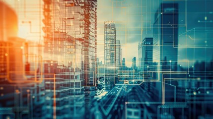 Naklejka premium Abstract double exposure of city infrastructure and engineering blueprints, emphasizing urban development