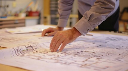 An architect and client discussing building plans, with blueprints spread out on a conference table