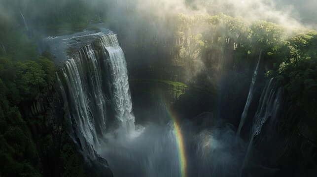An aerial shot of a powerful waterfall plunging into a deep gorge, with mist rising and rainbows forming in the sunlight