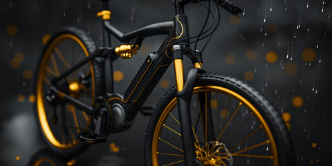 Fototapeta premium A close-up shot of a black and gold mountain bike with a black background and falling raindrops