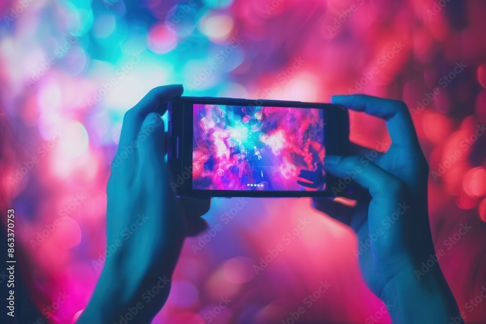 Aufkleber A hand holds a smartphone displaying a vibrant video stream with colorful, blurred background lights. Generative AI