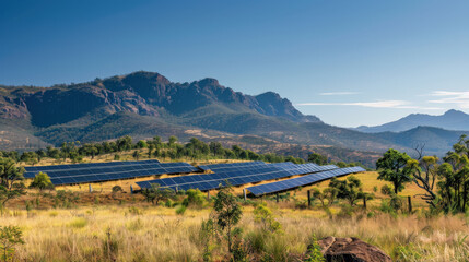 Naklejka premium Solar Farm in Scenic Valley at Dusk