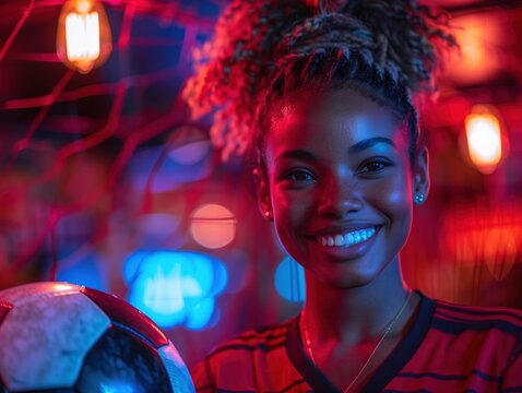 Smiling African American Teenage Girl Holding Soccer Ball with Neon Lights